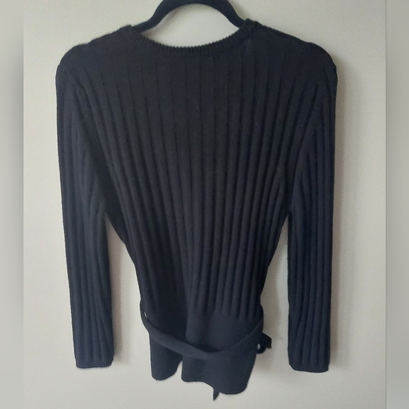 Burberry black ribbed merino wool knit belted cardigan sweater. Medium M - Picture 2 of 7